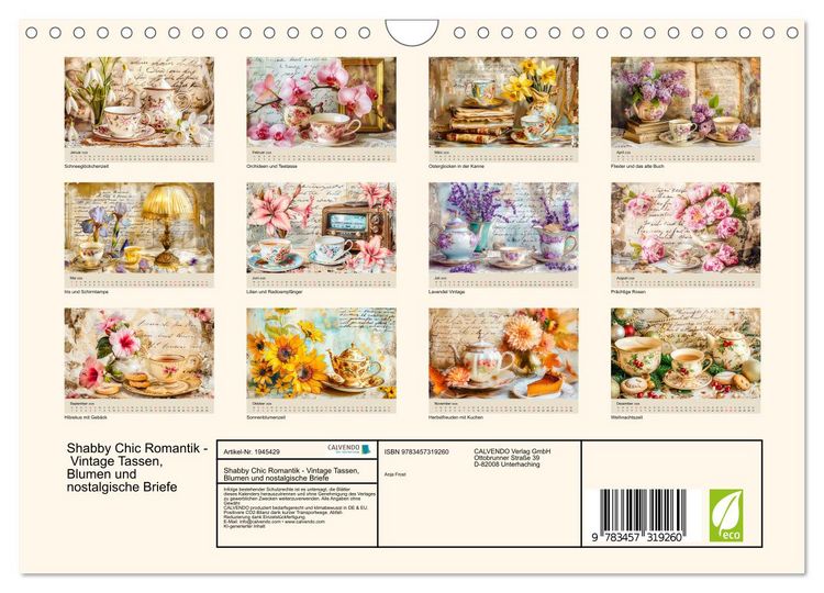 Produktbild: Shabby Chic Romantik - Vintage Tassen, Blumen und nostalgische Briefe (Wandkalender 2026 DIN A4 quer), CALVENDO Monatskalender