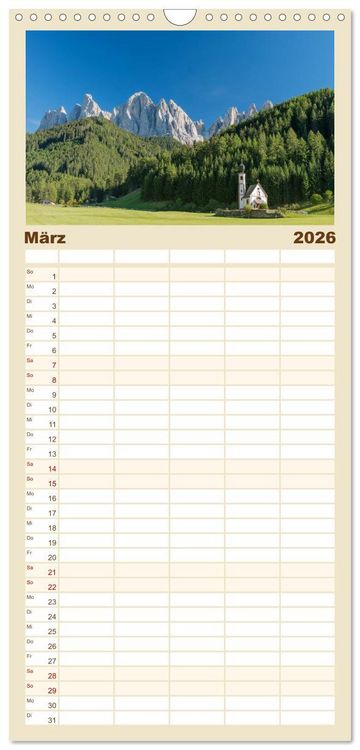 Produktbild: Familienplaner 2026 - Dolomiten mit 5 Spalten (Wandkalender, 21 x 45 cm) CALVENDO