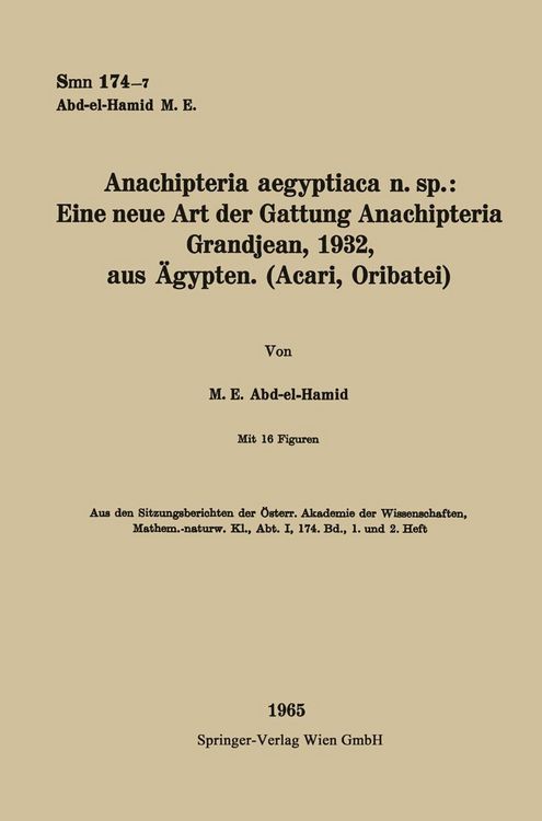Produktbild: Anachipteria aegyptiaca n. sp.: Eine neue Art der Gattung Anachipteria Grandjean, 1932, aus &Auml;gypten. (Acari, Oribatei)