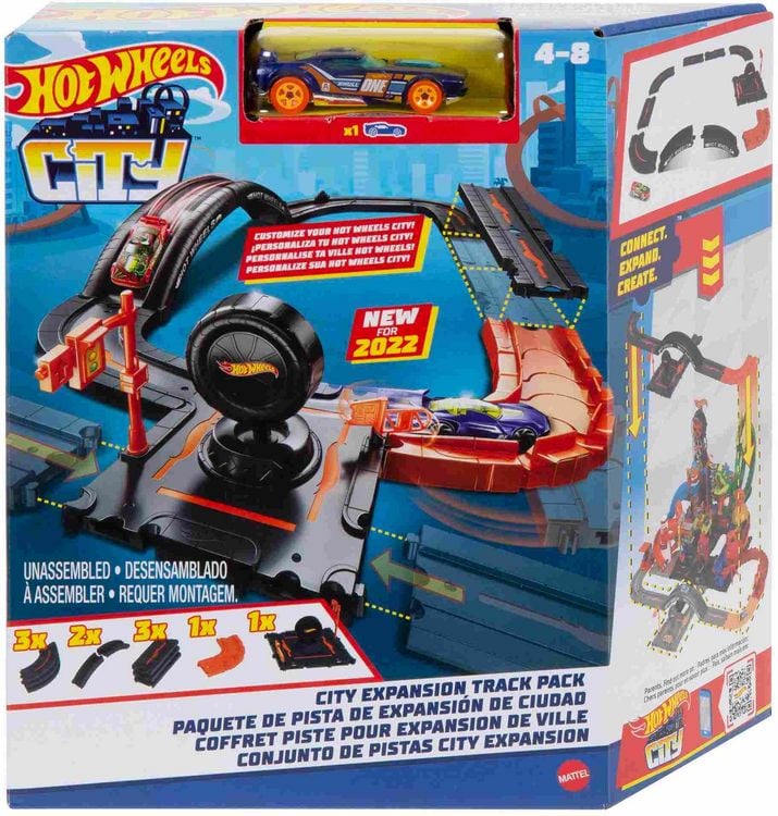 Produktbild: Hot Wheels City Erweiterungstrack Set, 10-teiliges Set mit 1 Fahrzeug, Geschenk für Kinder ab 4 Jahren