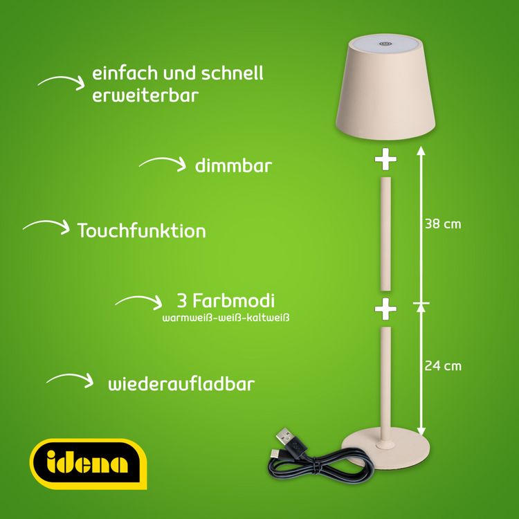 Produktbild: Idena LED Tischleuchte Touch Metall beige 11x24/38cm Akku USB dimmbar 3 Modi Innen und Au&szlig;en