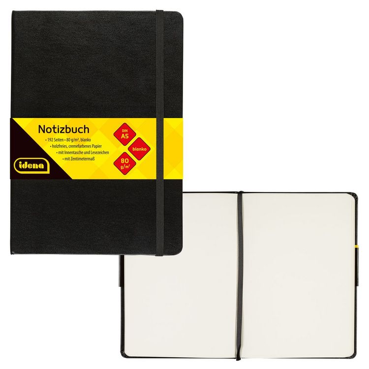 Produktbild: Idena Notizbuch 80g/m&sup2; blanko schwarz DIN A5 192 Seiten