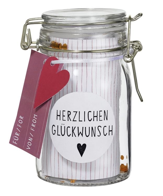 Produktbild: R&auml;der Herzst&uuml;cke Geschenkglas Herzlichen Gl&uuml;ckwunsch
