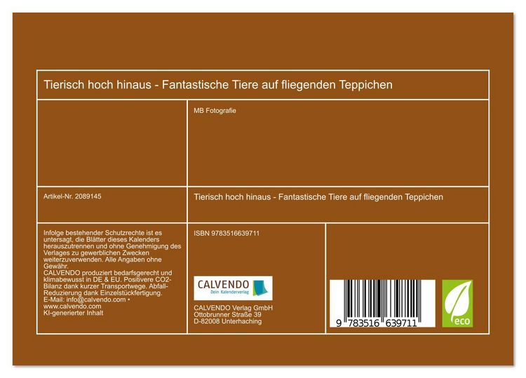 Produktbild: Tierisch hoch hinaus - Fantastische Tiere auf fliegenden Teppichen (Tischkalender 2026 DIN A5 quer), CALVENDO Monatskalender