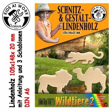Produktbild: Corvus A600586 - Kids-at-Work, Wildtiere 2-Klein (L&ouml;we/Leopard/Kamel), Schnitz- & Gestalt-Lindenholz A6/20mm