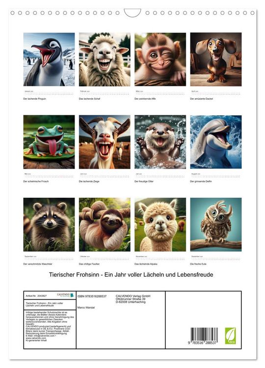 Produktbild: Tierischer Frohsinn - Ein Jahr voller L&auml;cheln und Lebensfreude (Wandkalender 2026 DIN A3 hoch), CALVENDO Monatskalender