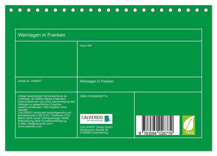 Produktbild: Weinlagen in Franken (Tischkalender 2027 DIN A5 quer), CALVENDO Monatskalender