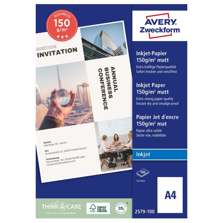Produktbild: AVERY Zweckform Kopierpapier Inkjet 150g/m&sup2; matt DIN A4 100 Blatt