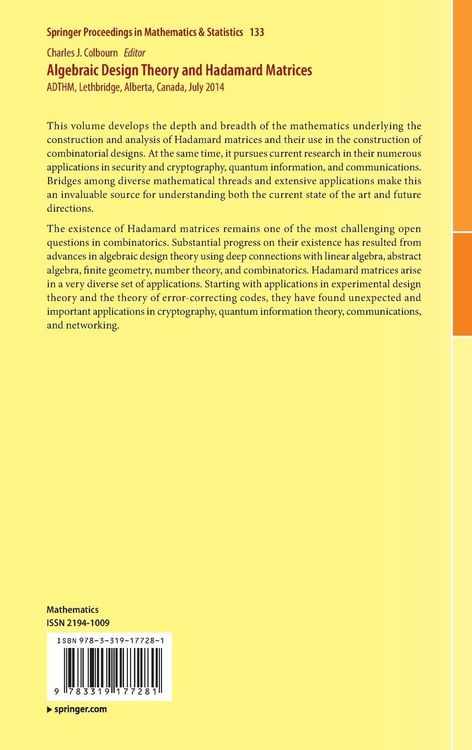 Produktbild: Algebraic Design Theory and Hadamard Matrices