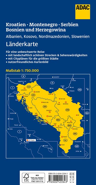 Produktbild: ADAC Länderkarte Kroatien, Montenegro, Serbien, Bosnien u. Herzegowina 1:750.000