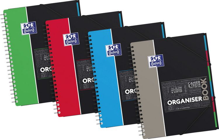 OXFORD Studium A4+ Polypropylen doppelspiralgebundenes Organiserbook, 5 mm kariert, 80 Blatt, SCRIBZEE® kompatibel, 1 Stück sortiert