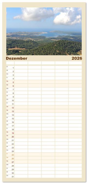 Produktbild: Familienplaner 2026 - Menorca, die sch&ouml;ne Schwester mit 5 Spalten (Wandkalender, 21 x 45 cm) CALVENDO