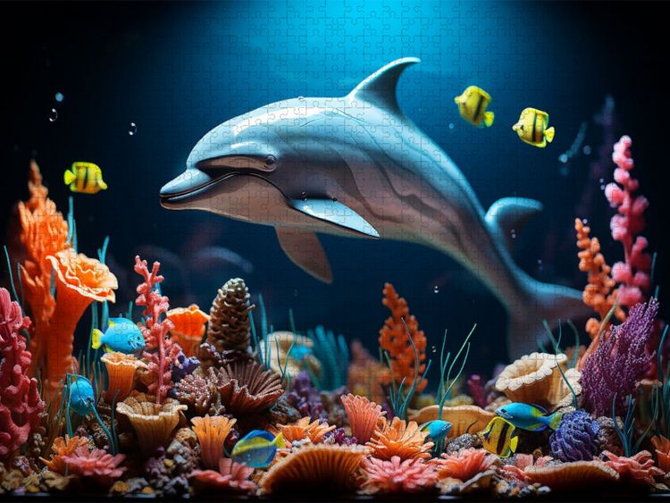 Produktbild: CALVENDO Puzzle Spielzeug Delfin und bunte Fische unter Wasser | 1000 Teile Lege-Gr&ouml;&szlig;e 64x48cm Foto-Puzzle f&uuml;r gl&uuml;ckliche Stunden