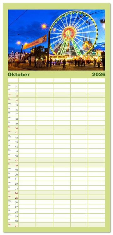 Produktbild: Familienplaner 2026 - Landeshauptstadt Erfurt - Reise durch das sch&ouml;ne Th&uuml;ringen mit 5 Spalten (Wandkalender, 21 x 45 cm) CALVENDO