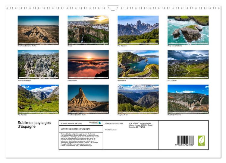Produktbild: Sublimes paysages d'Espagne (Calendrier mural 2026 DIN A3 vertical), CALVENDO calendrier mensuel