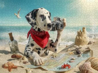 Produktbild: CALVENDO Puzzle Dalmatiner Hund auf Schatzsuche am Strand mit Karte und Kamera | 1000 Teile Lege-Gr&ouml;&szlig;e 64x48cm Foto-Puzzle f&uuml;r gl&uuml;ckliche Stunden