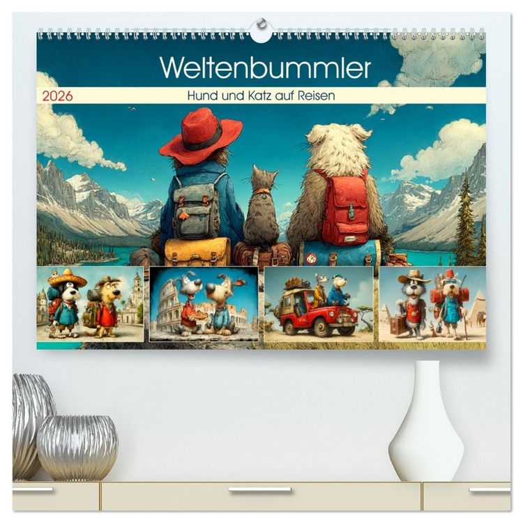 Produktbild: Weltenbummler. Hund und Katz auf Reisen (hochwertiger Premium Wandkalender 2026 DIN A2 quer), Kunstdruck in Hochglanz