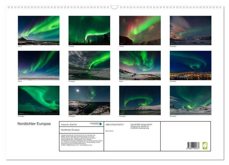 Produktbild: Nordlichter Europas (Wandkalender 2026 DIN A2 quer), CALVENDO Monatskalender