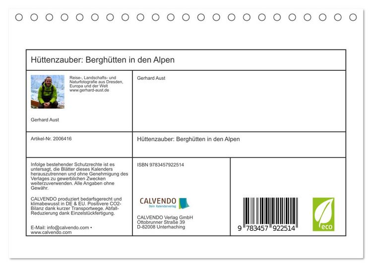 Produktbild: H&uuml;ttenzauber: Bergh&uuml;tten in den Alpen (Tischkalender 2026 DIN A5 quer), CALVENDO Monatskalender