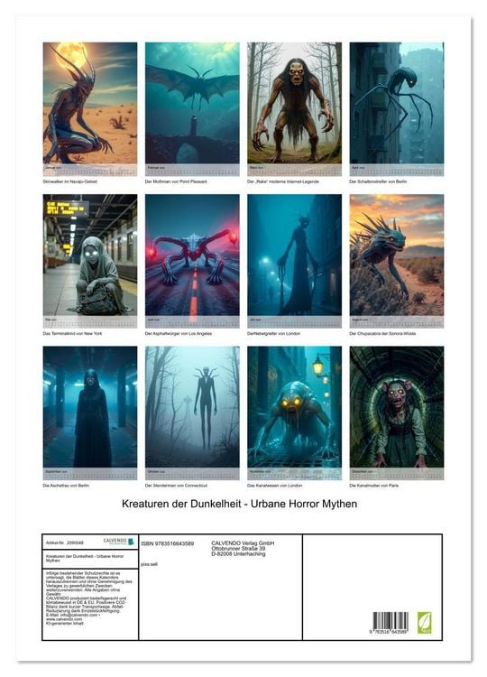Produktbild: Kreaturen der Dunkelheit - Urbane Horror Mythen (Wandkalender 2026 DIN A2 hoch), CALVENDO Monatskalender
