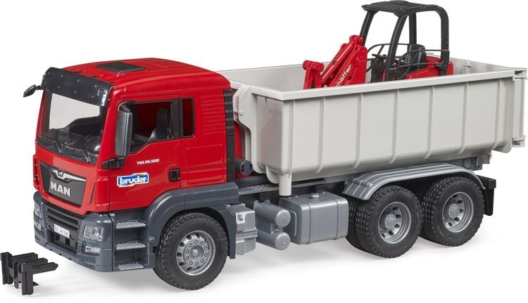 Produktbild: Bruder LKW Modell MAN TGS mit Abrollcontainer + Sch&auml;ffer Hoflader Fertigmodell