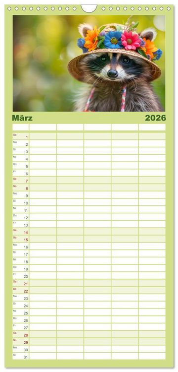 Produktbild: Familienplaner 2026 - Niedlicher Waschb&auml;ren-Style. Modisch, elegant und blumig mit 5 Spalten (Wandkalender, 21 x 45 cm) CALVENDO