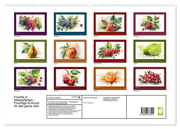 Produktbild: Fr&uuml;chte in Wasserfarben - Fruchtige KI-Kunst f&uuml;r das ganze Jahr (hochwertiger Premium Wandkalender 2027 DIN A2 quer), Kunstdruck in Hochglanz