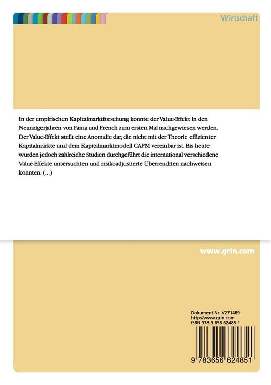 Produktbild: Value-Effekte am deutschen Aktienmarkt. Empirische Untersuchung f&uuml;r den Zeitraum 1991 - 2012