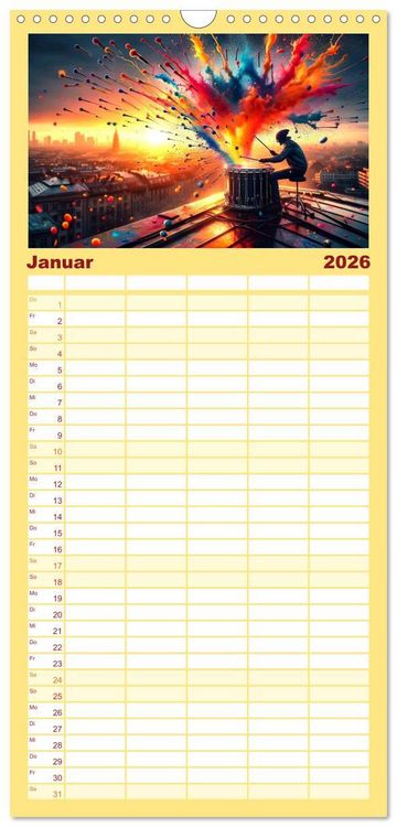Produktbild: Familienplaner 2026 - Drummer - Color Splash Rhythms: Trommelschl&auml;ge und Farbexplosionen mit 5 Spalten (Wandkalender, 21 x 45 cm) CALVENDO