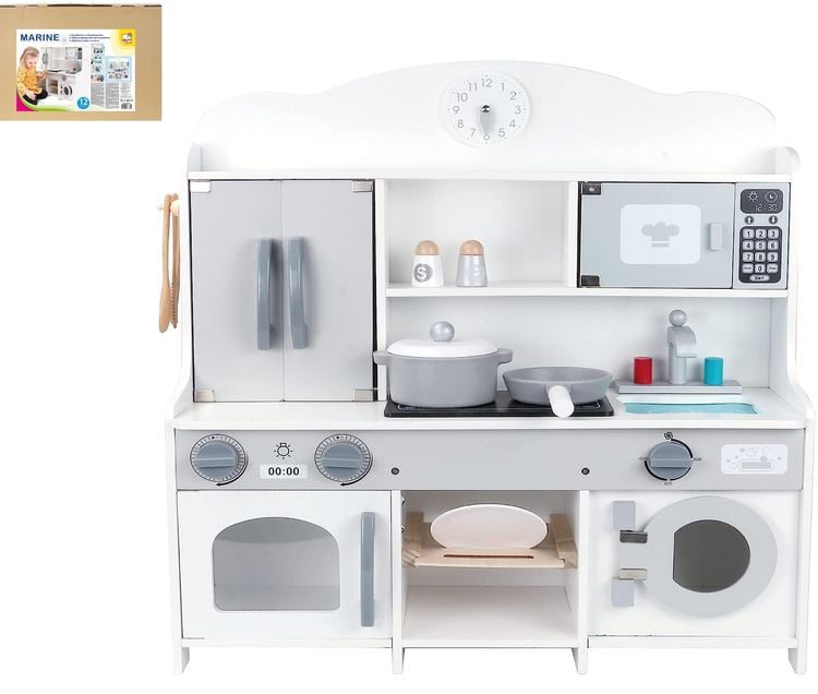 Bino 83737 - Kinderküche mit Waschmaschine und Zubehör, Spielküche, weiß-grau, Holz, 12-teilig, Höhe: 69 cm
