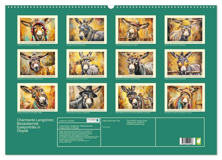 Produktbild: Charmante Langohren. Bezaubernde Eselportr&auml;ts in &Ouml;loptik (Wandkalender 2027 DIN A2 quer), CALVENDO Monatskalender