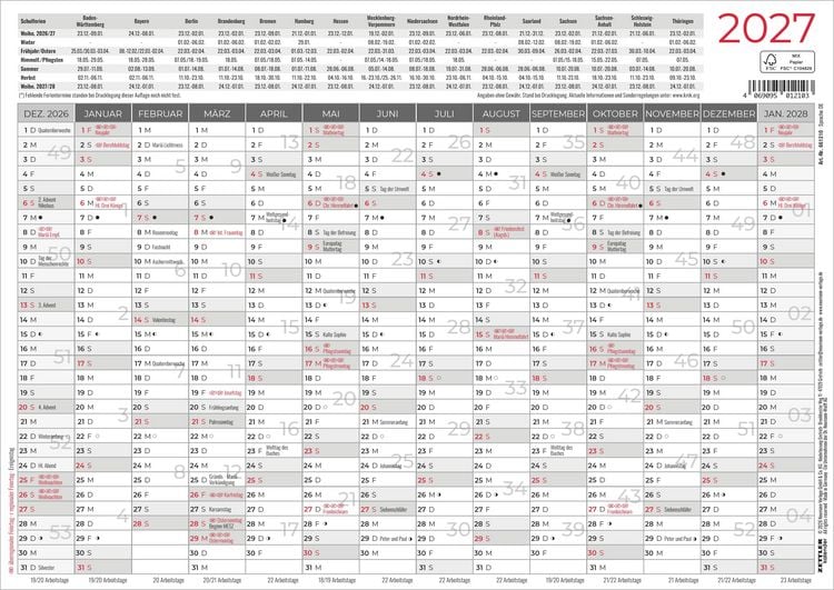 Produktbild: Tafelkalender A4 einseitig 2027