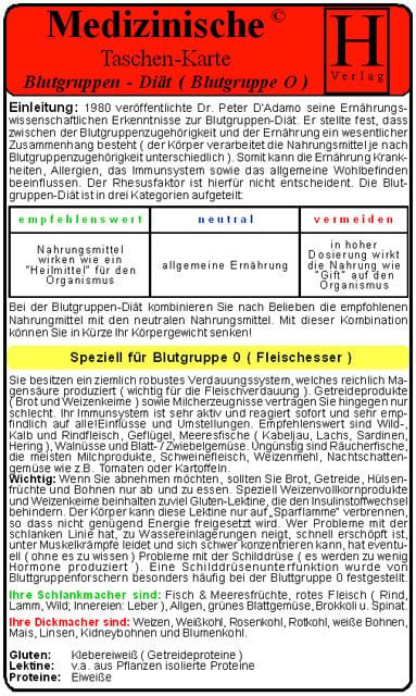 Produktbild: Blutgruppen-Di&auml;t - Blutgruppe 0 - Medizinische Taschen-Karte