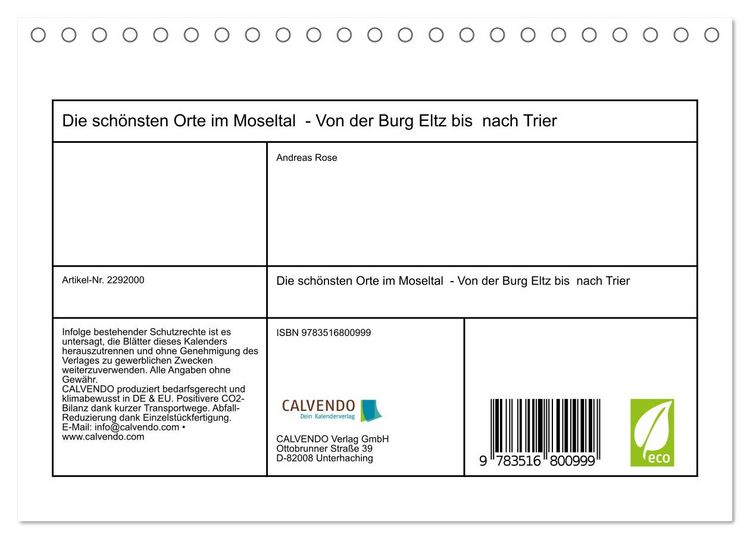 Produktbild: Die sch&ouml;nsten Orte im Moseltal - Von der Burg Eltz bis nach Trier (Tischkalender 2027 DIN A5 quer), CALVENDO Monatskalender