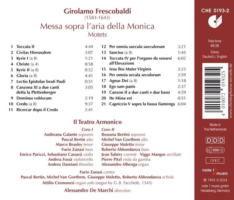Produktbild: Frescobaldi: Messa Sopra L'aria Della Monica,Mote
