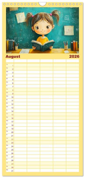 Produktbild: Familienplaner 2026 - Fr&ouml;hliche Kinder. Bezaubernde Schulm&auml;dchen im &Ouml;lbilder-Stil mit 5 Spalten (Wandkalender, 21 x 45 cm) CALVENDO