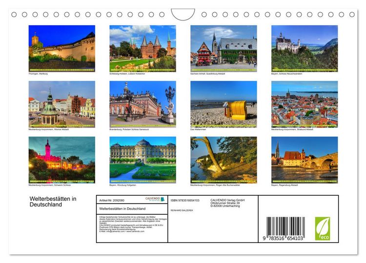 Produktbild: Welterbest&auml;tten in Deutschland (Wandkalender 2026 DIN A4 quer), CALVENDO Monatskalender