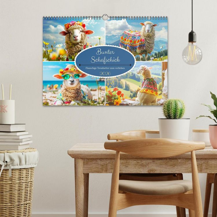 Produktbild: Bunter Schafschick. Flauschige Trendsetter zum verlieben (Wandkalender 2026 DIN A3 quer), CALVENDO Monatskalender