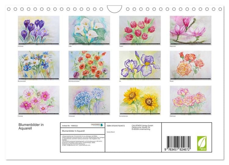 Produktbild: Blumenbilder in Aquarell (Wandkalender 2026 DIN A4 quer), CALVENDO Monatskalender