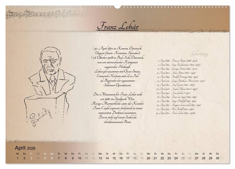 Produktbild: Von Mozart bis Beethoven (Wandkalender 2026 DIN A2 quer), CALVENDO Monatskalender