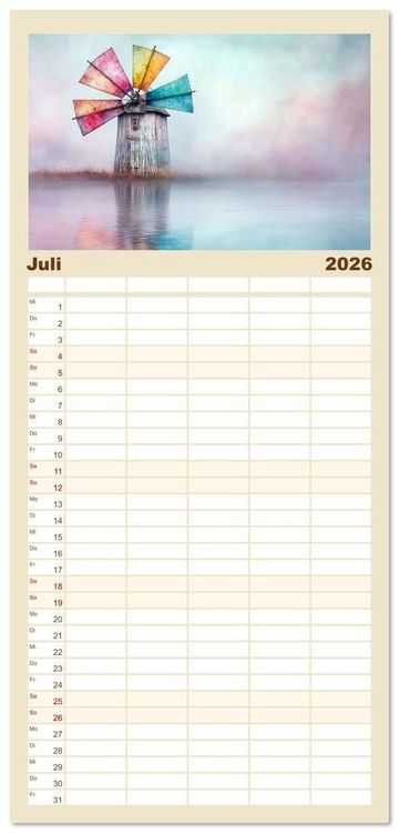 Produktbild: Familienplaner 2026 - Windgefl&uuml;ster-M&uuml;hlenimpressionen mit 5 Spalten (Wandkalender, 21 x 45 cm) CALVENDO
