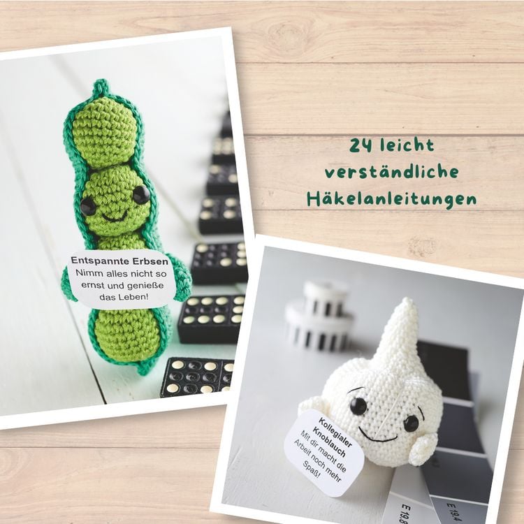 Produktbild: Emotional Support Veggies. Kleine H&auml;kelfiguren mit positiven Botschaften