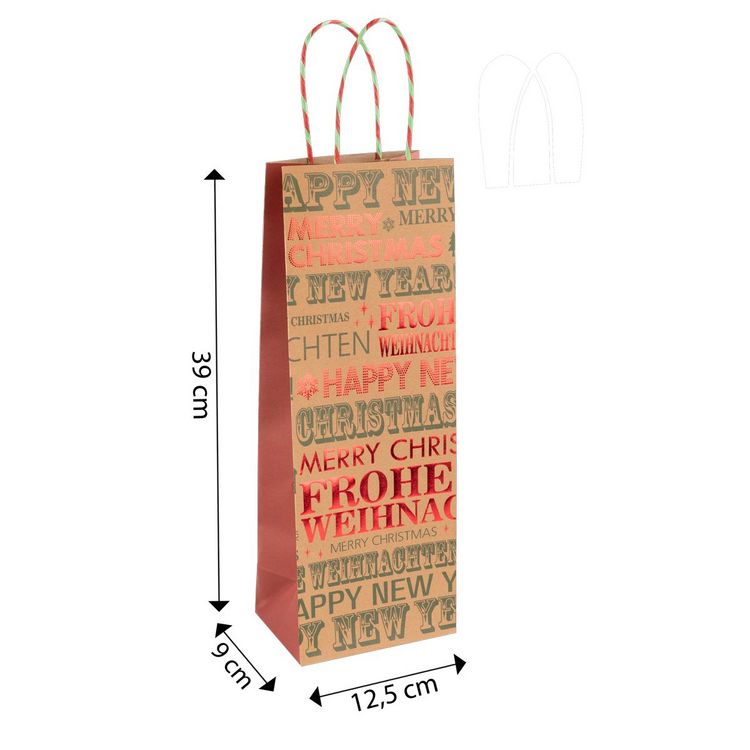 Produktbild: Idena Flaschentasche Frohe Weihnachten / Happy New Year 12,5x35x9cm Kraftpapier 140g/m&sup2;
