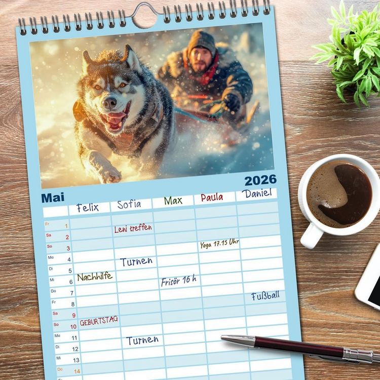 Produktbild: Familienplaner 2026 - Huskies - Kraft und Anmut mit 5 Spalten (Wandkalender, 21 x 45 cm) CALVENDO
