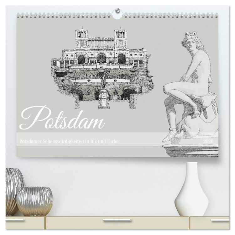 Produktbild: Potsdamer Sehensw&uuml;rdigkeiten in Ink und Farbe (hochwertiger Premium Wandkalender 2026 DIN A2 quer), Kunstdruck in Hochglanz
