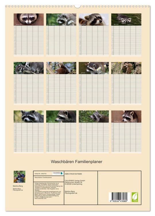 Produktbild: Waschb&auml;ren Familienplaner (hochwertiger Premium Wandkalender 2026 DIN A2 hoch), Kunstdruck in Hochglanz