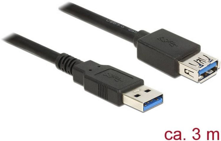 Produktbild: Delock USB-Kabel USB 3.2 Gen1 USB-A Stecker, USB-A Buchse 3.00 m Schwarz vergoldete Steckkontakte 85057