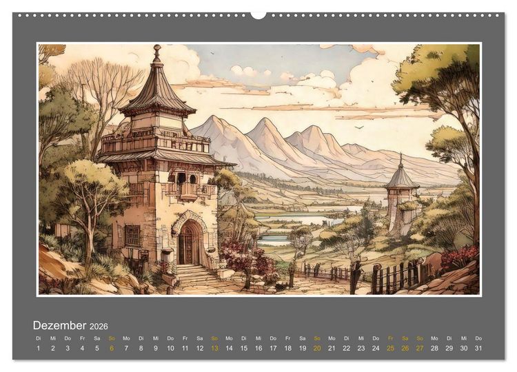 Produktbild: L&auml;ndliche Szenen in kolorierten Federzeichnungen (hochwertiger Premium Wandkalender 2026 DIN A2 quer), Kunstdruck in Hochglanz