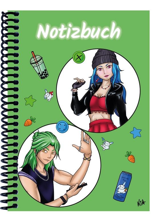 Produktbild: A 4 Notizbuch Manga Quinn und Enora, gr&uuml;n, blanko