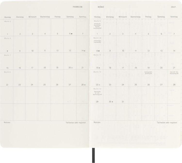 Produktbild: Moleskine 12 Monate Wochen Notizkalender Deutsch 2027, Large/A5, 1 Wo = 1 Seite, rechts linierte Seite, Weicher Einband, Schwarz